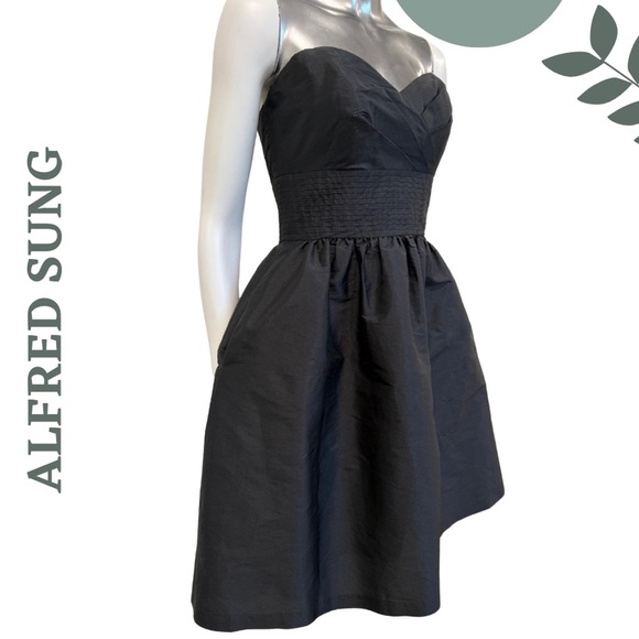 Alfred Sung Black Strapless Fit & Flare Taffeta Dress with Pockets Size 6 - Picture 3 of 9